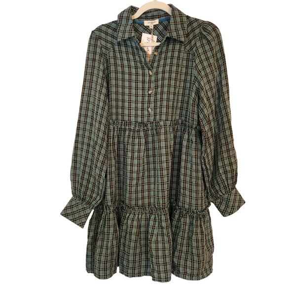 Umgee Plaid Babydoll Dress Size M Blue Button Front Tiered Tunic Rayon Blend - Picture 1 of 6